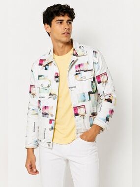 GUESS Men's Summer Daze Collage Print Denim Jacket Large Graphic Trucker
